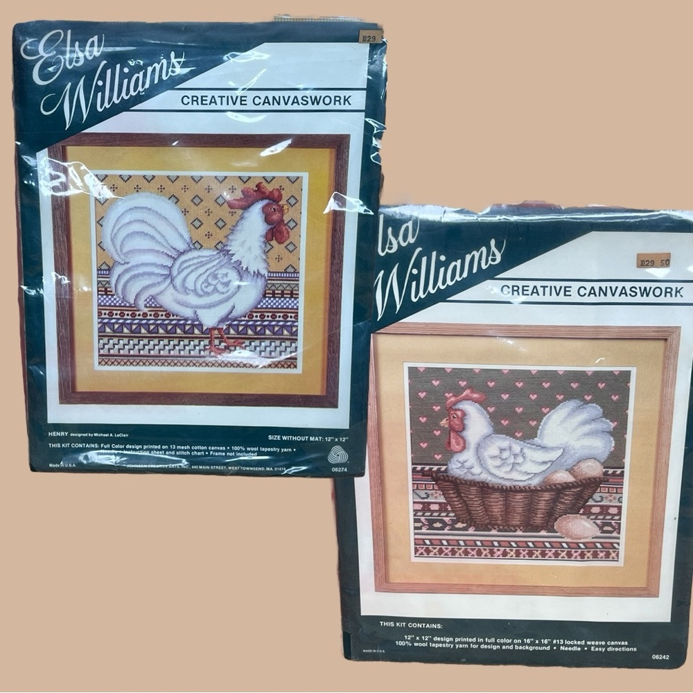 NWT Vintage Elsa Williams Creative Canvas Work Kits Rooster and Hen